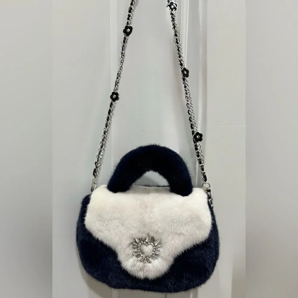 Colorblock Handmade Luxury Real Mink Fur Top Handle Bag/Shoulder Bag/Crossbody